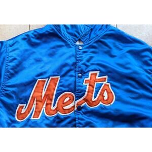 New York Mets 1980s satin bomber Script jacket L Xl blue orange MLB baseball vtg